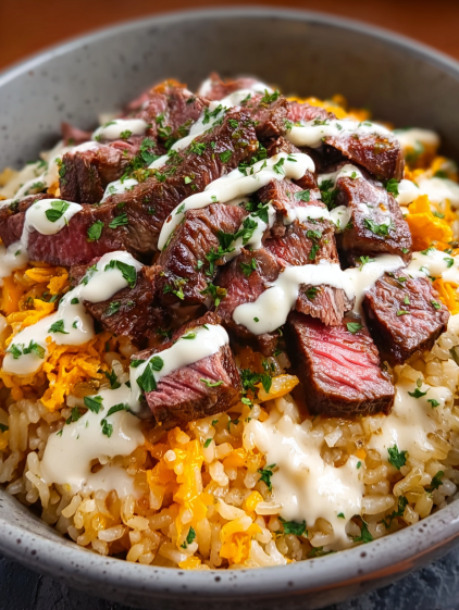 A bowl of rice with steak and cheese.