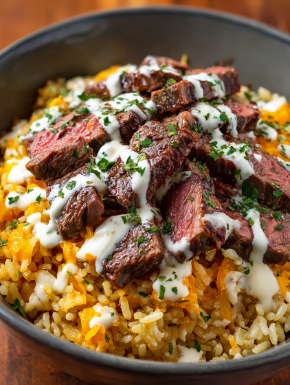 A bowl of rice with meat and sauce.