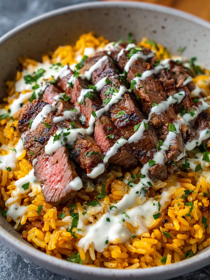 A bowl of rice with meat and sauce.