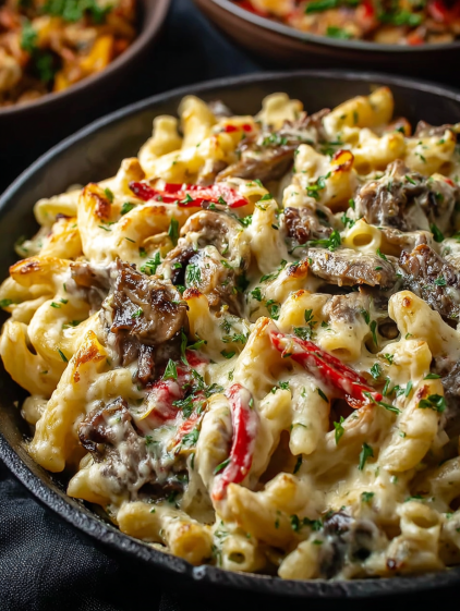 A bowl of pasta with meat and red peppers.