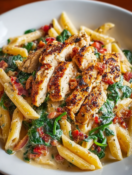 A plate of food with chicken and pasta.