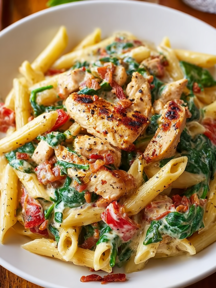 A plate of pasta with chicken and vegetables.