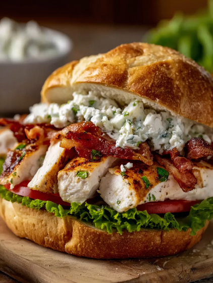 A sandwich with bacon, lettuce, tomato, and blue cheese.