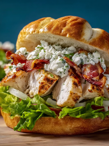 A sandwich with bacon and blue cheese.