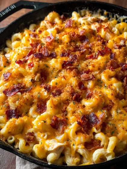 A close up of a chicken bacon pasta bake.