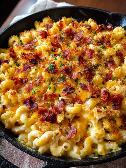 A close up of a delicious bacon and cheese macaroni dish.