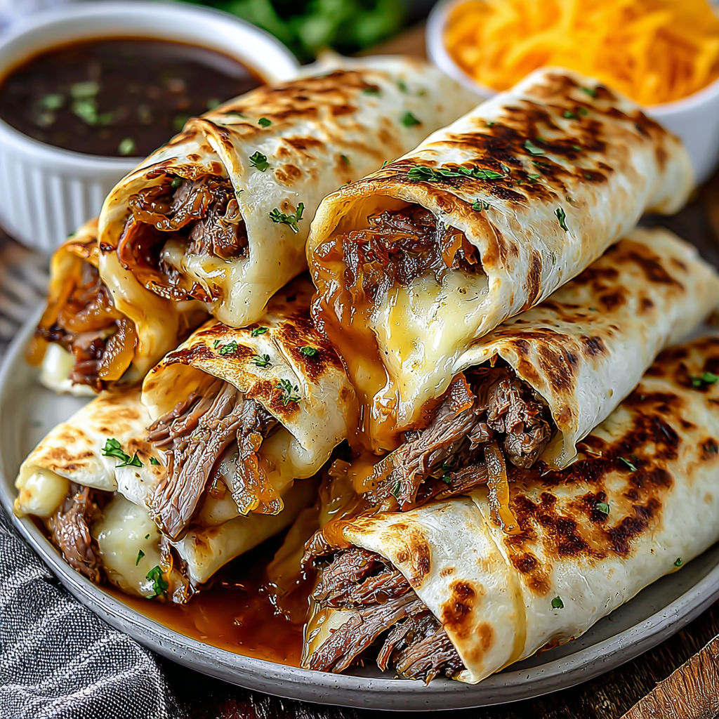 French dip tortilla roll ups with cheese and meat.