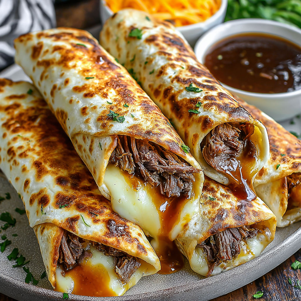 A plate of food with a meat and cheese burrito and a bowl of chips.