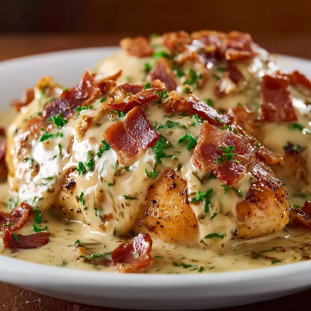 A plate of smothered chicken with bacon and cheese.