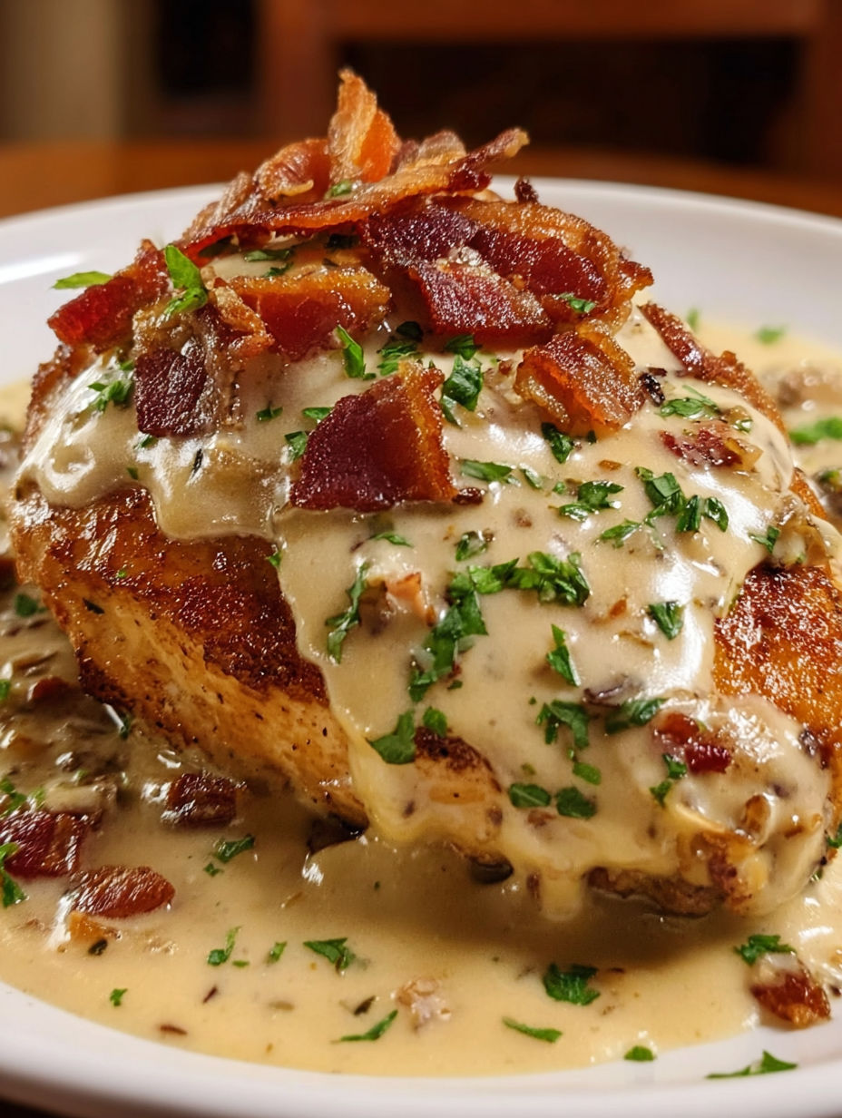 A piece of meat covered in bacon and mushrooms.
