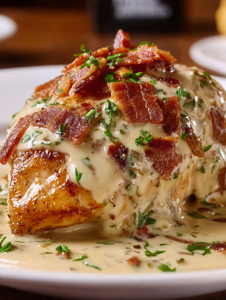 A piece of meat covered in bacon and cheese.