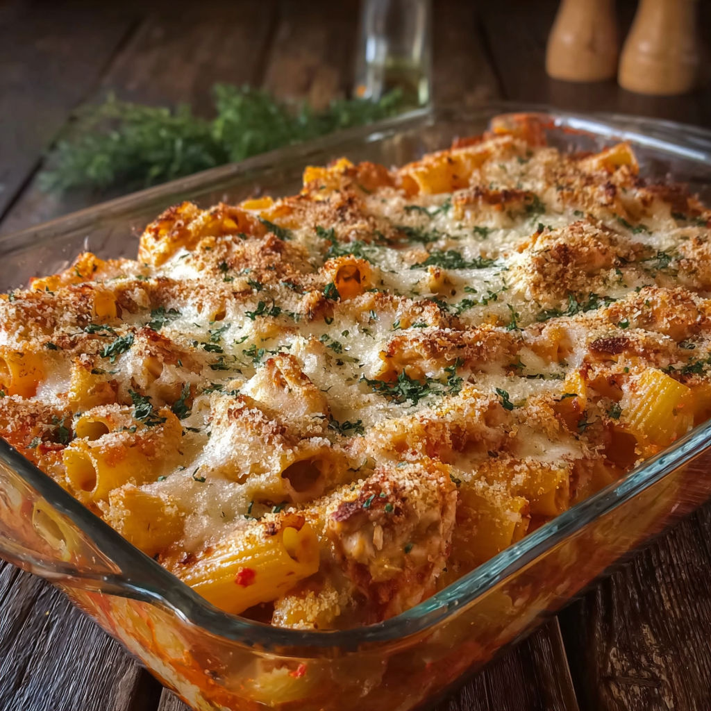 A baked pasta dish in a glass pan.