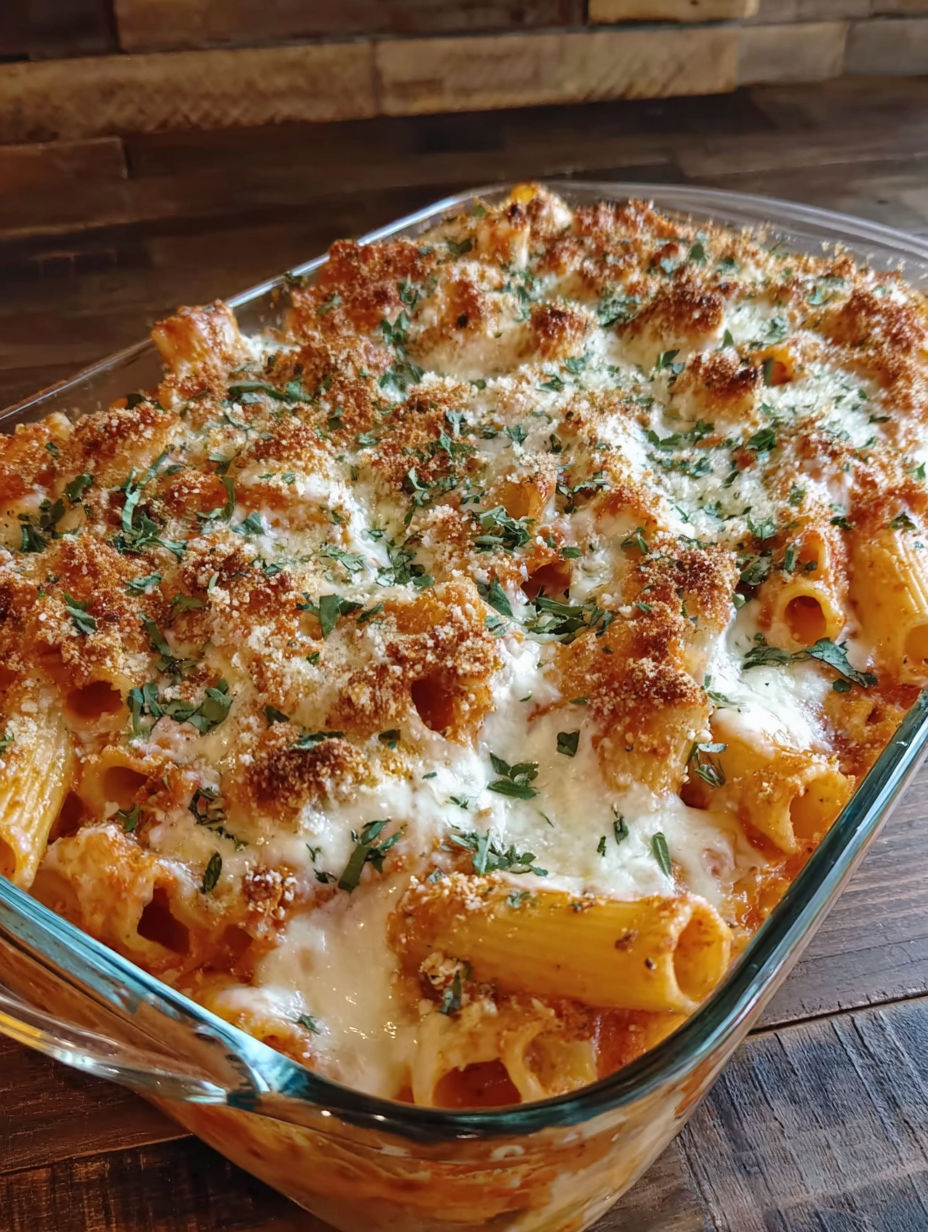 A glass dish filled with a baked pasta dish.