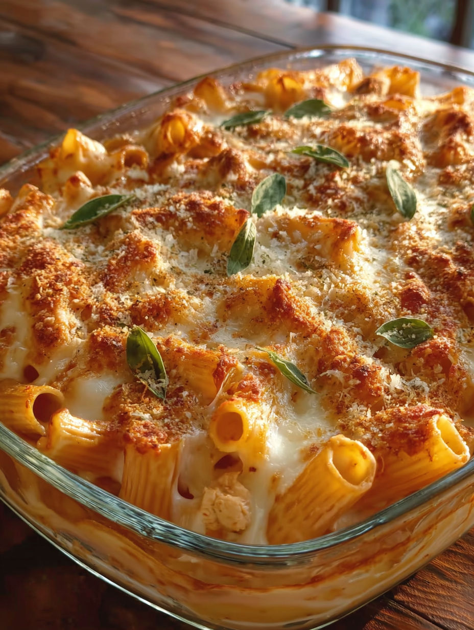 A baked pasta dish with cheese and herbs.