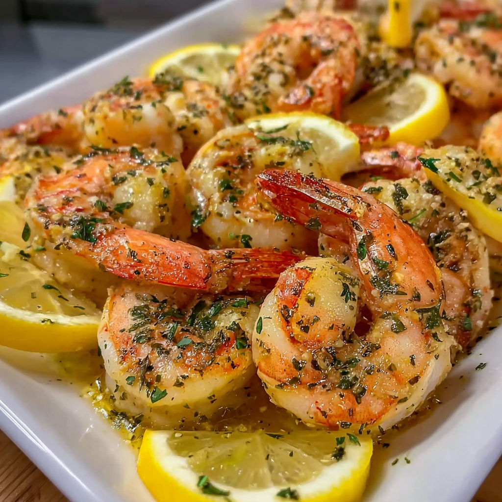 A plate of baked Italian shrimp with lemon.
