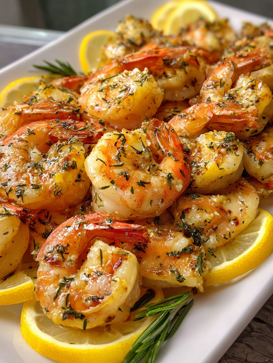 A plate of shrimp with lemon and herbs.
