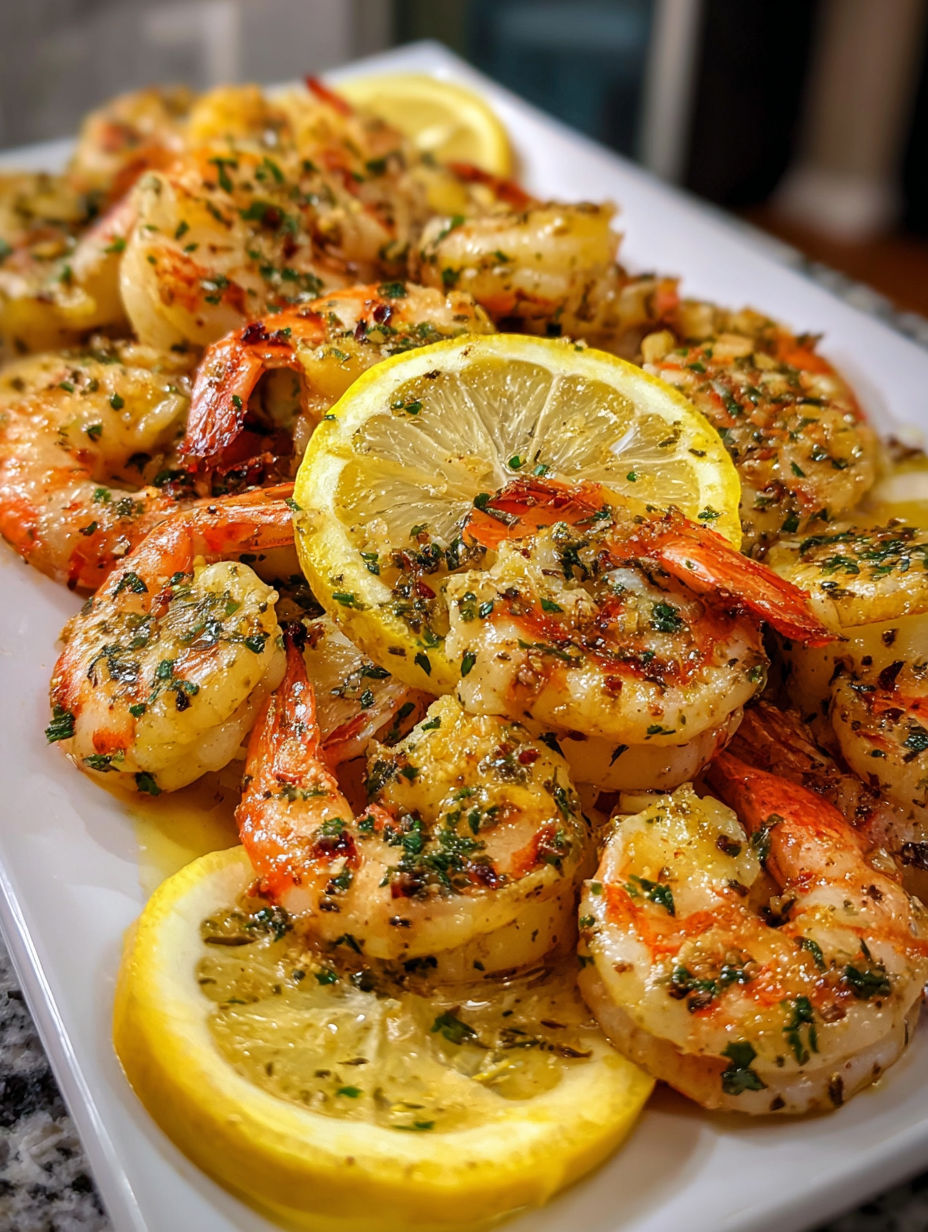 A plate of shrimp with lemon and herbs.