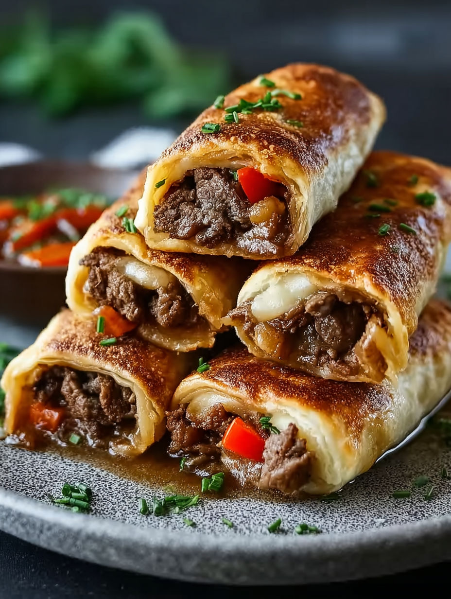 A stack of keto Philly cheesesteak roll ups.