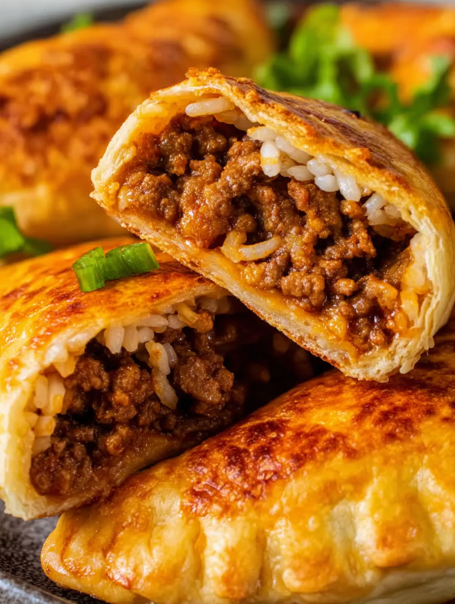 A pastry with meat and rice in it.