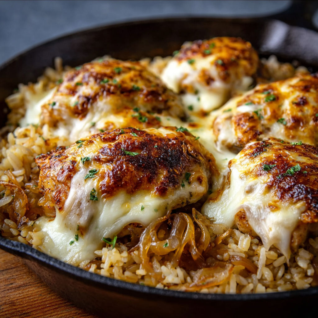 A delicious French Onion Chicken Rice Bake.