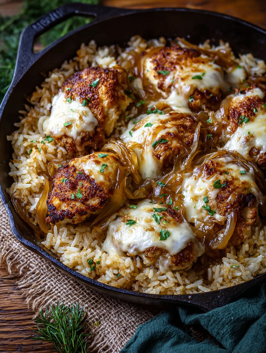 A pan of rice with chicken and onions.
