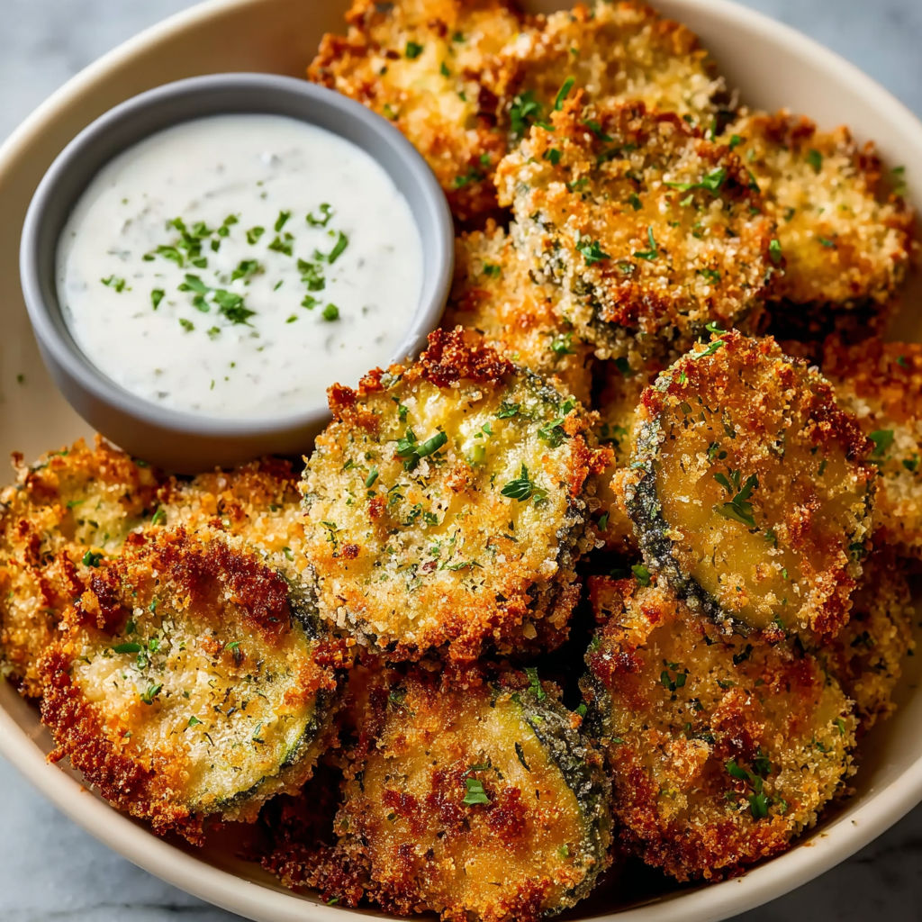 A bowl of fried pickles with a ranch dressing.