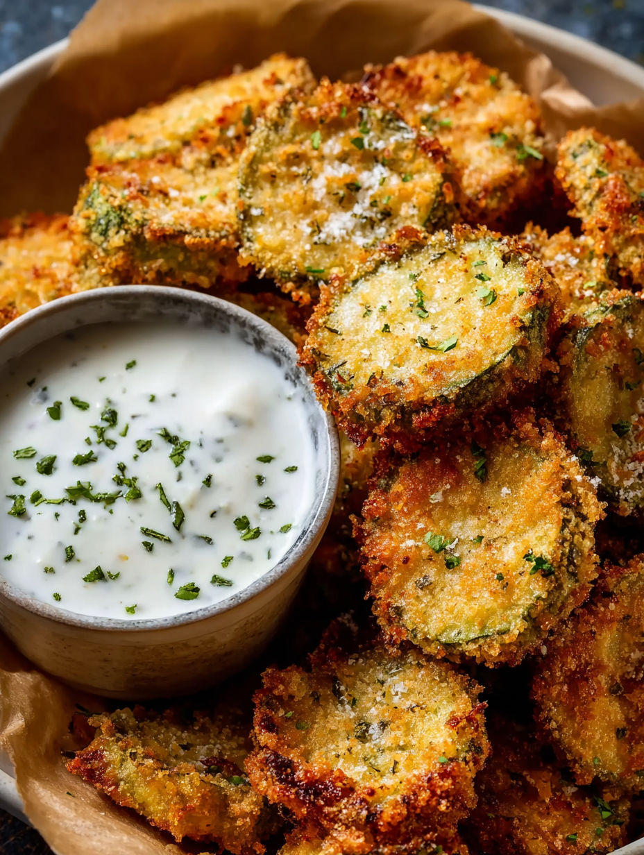 A bowl of fried pickles with a dollop of ranch dressing.