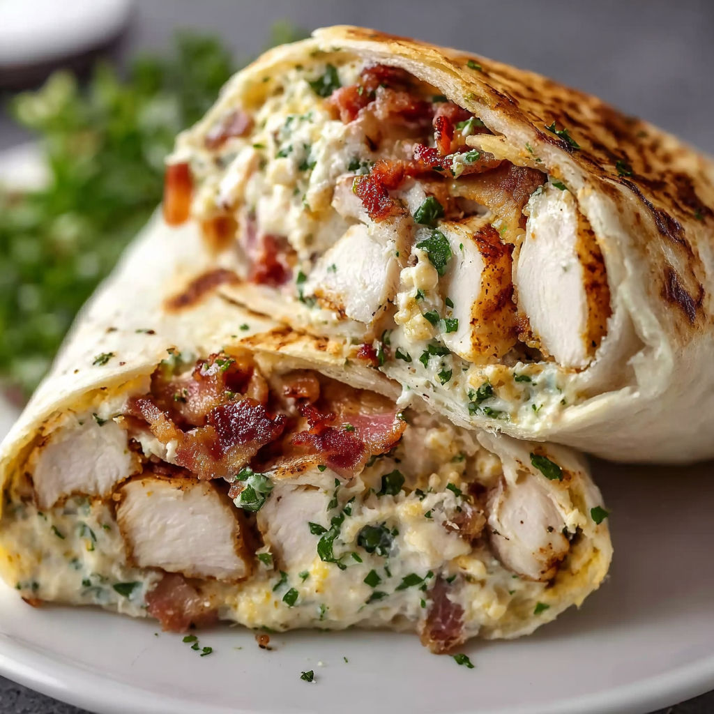 A cheesy garlic chicken wrap with bacon.