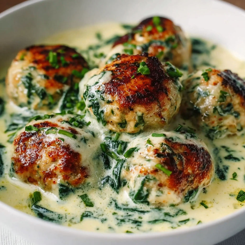 A bowl of meatballs covered in spinach Alfredo sauce.