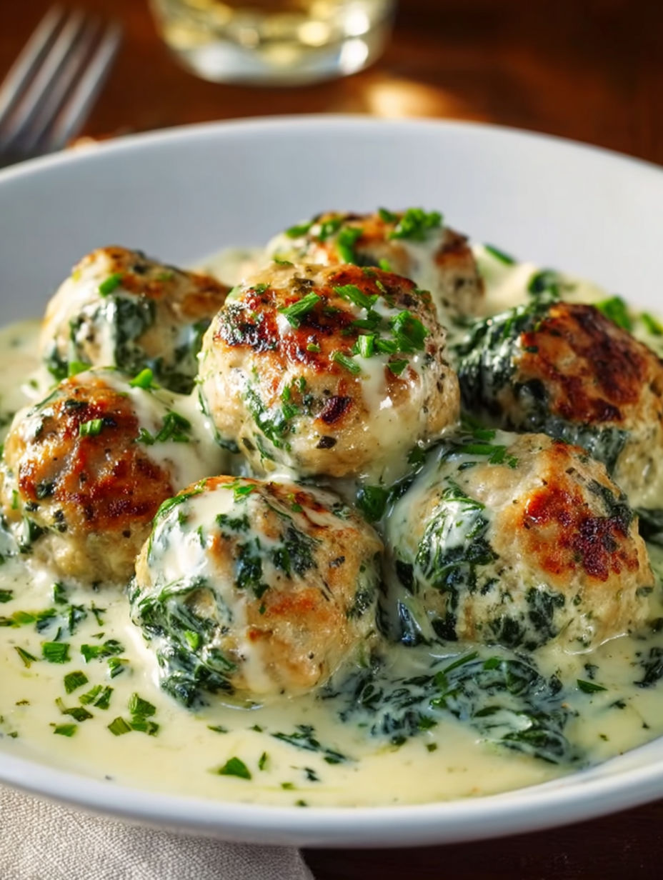 A bowl of food with meatballs and greens.