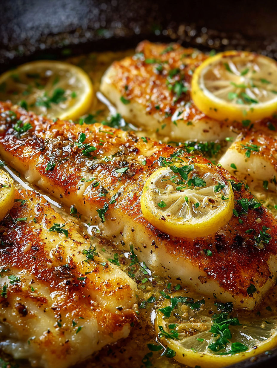 A close up of a piece of fish with lemon slices on top.