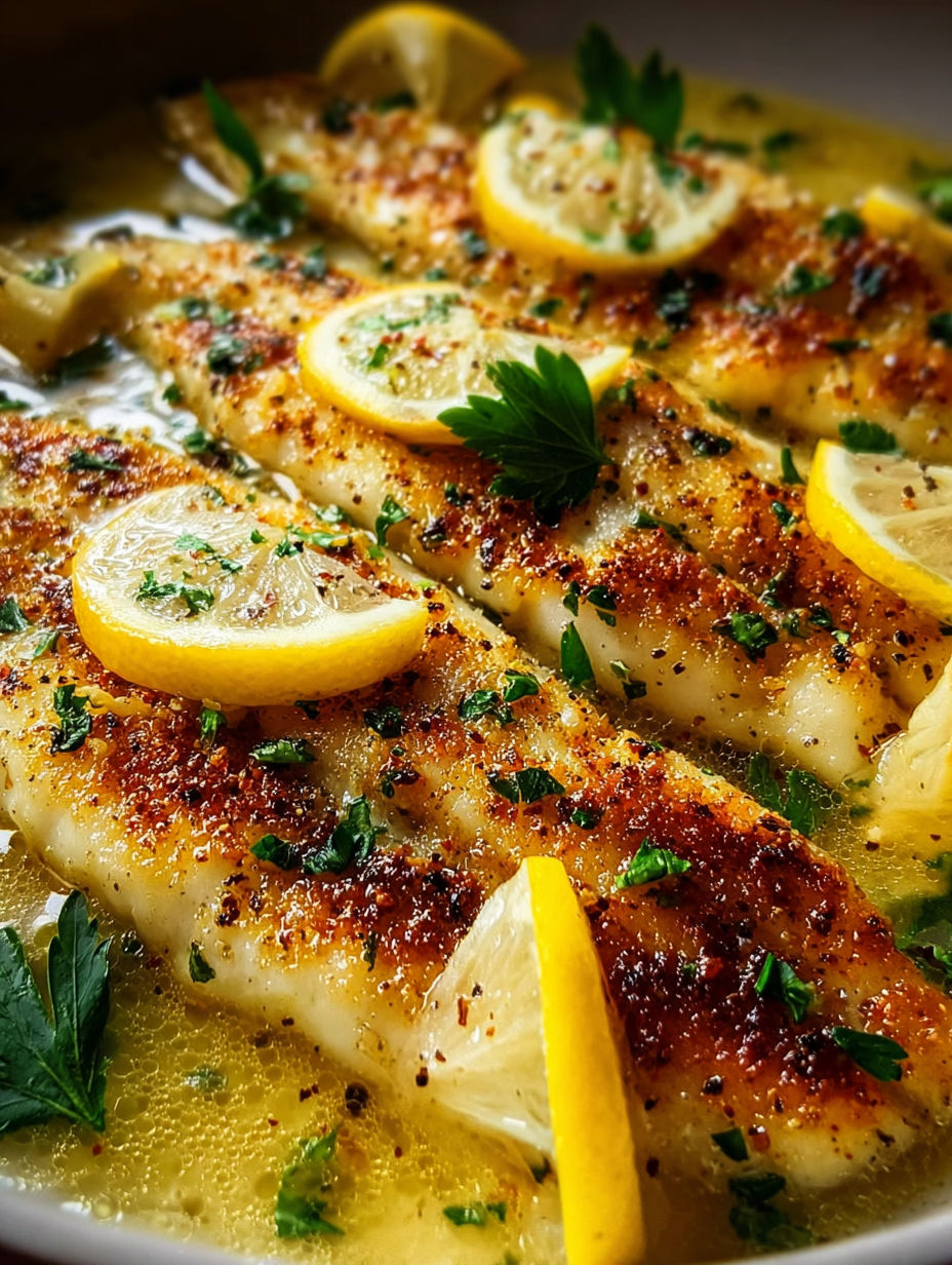 A close up of a fish with lemon slices on top.