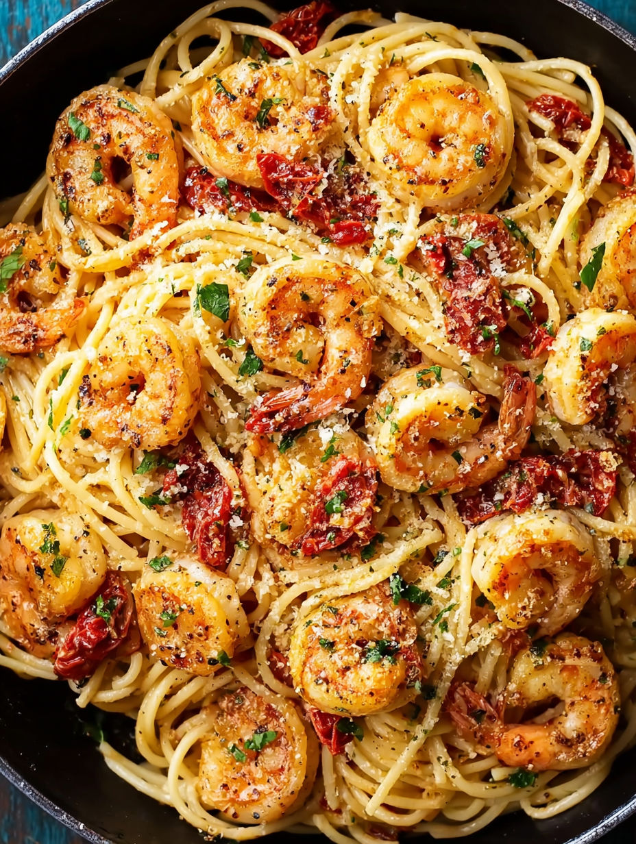 A bowl of shrimp and pasta.