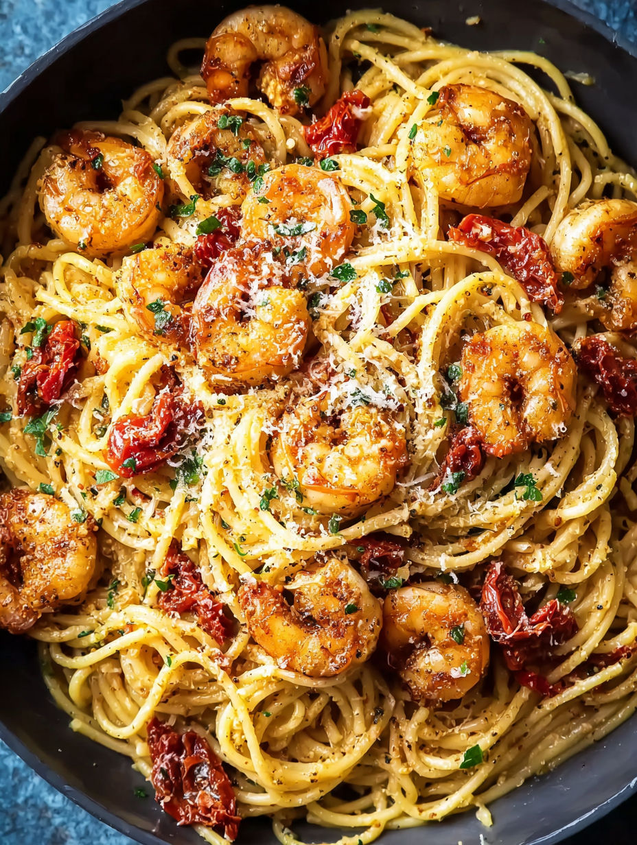 A bowl of spaghetti with shrimp and tomatoes.