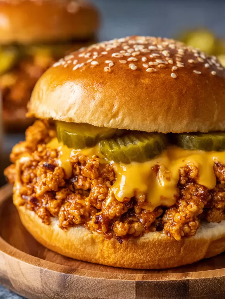 A close up of a hamburger with pickles and cheese.