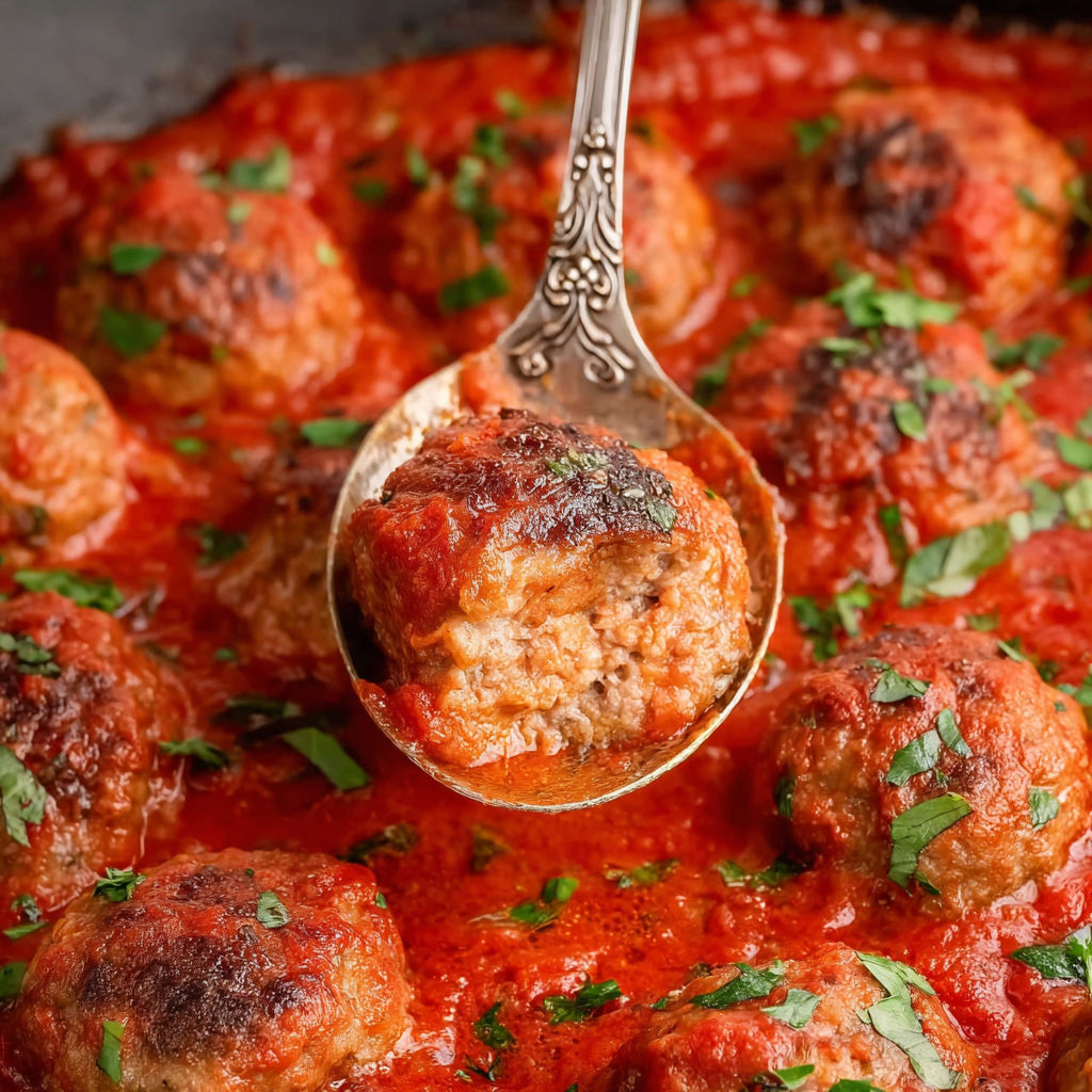 A spoon is in a bowl of meatballs.