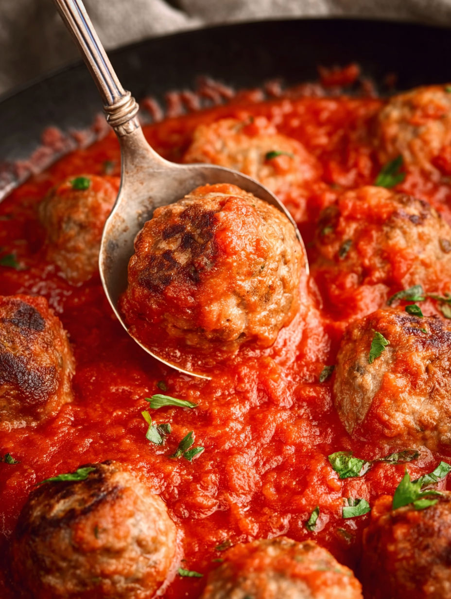 A spoon is in a bowl of meatballs.