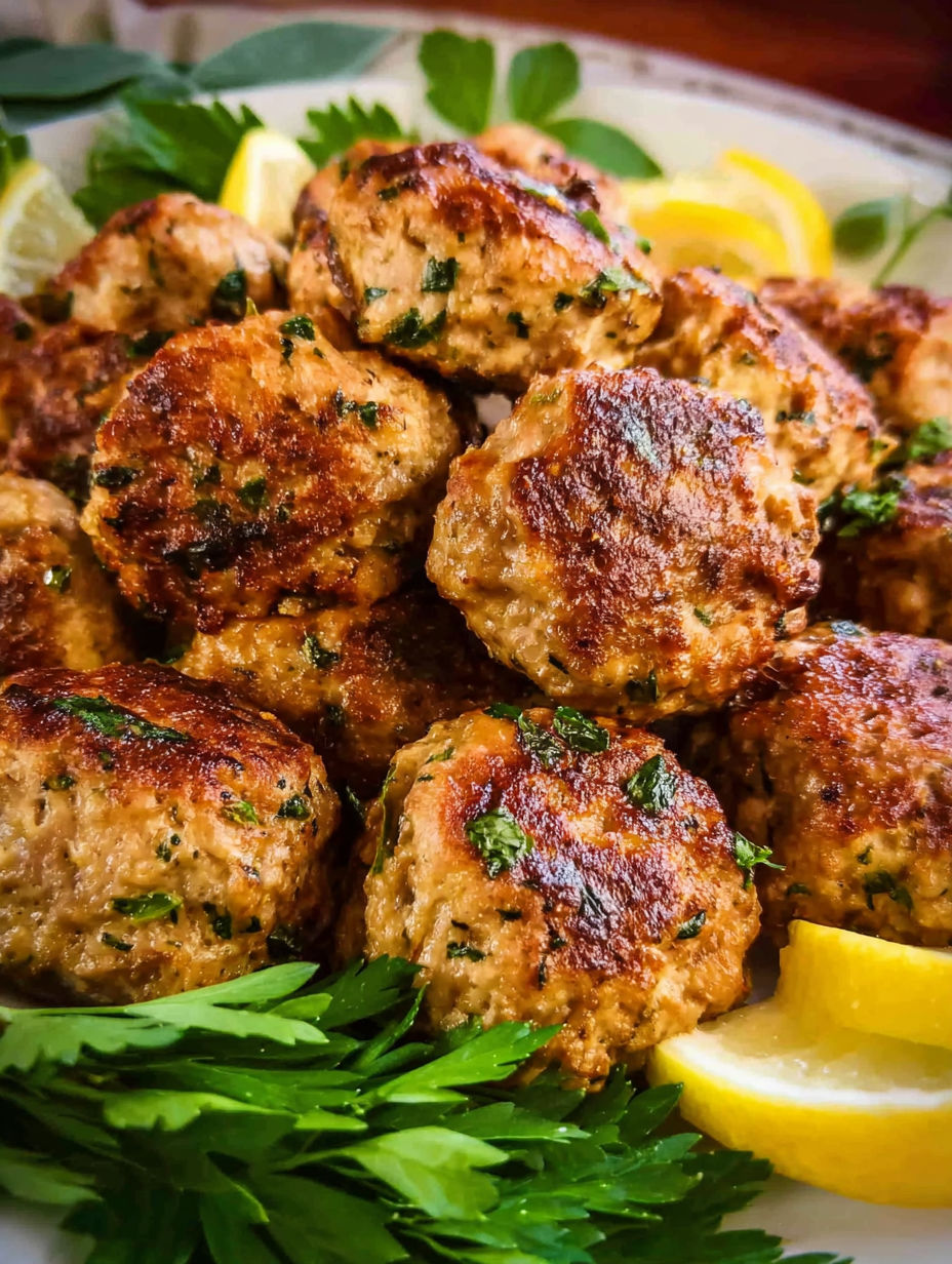 A plate of homemade turkey meatballs with lemon wedges on the side.