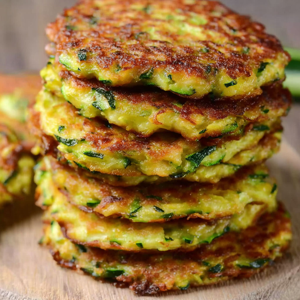 Zucchini fritters stacked on a wooden table.