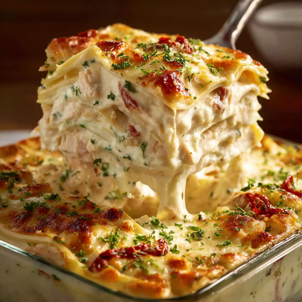 A close up of a creamy white chicken lasagna.