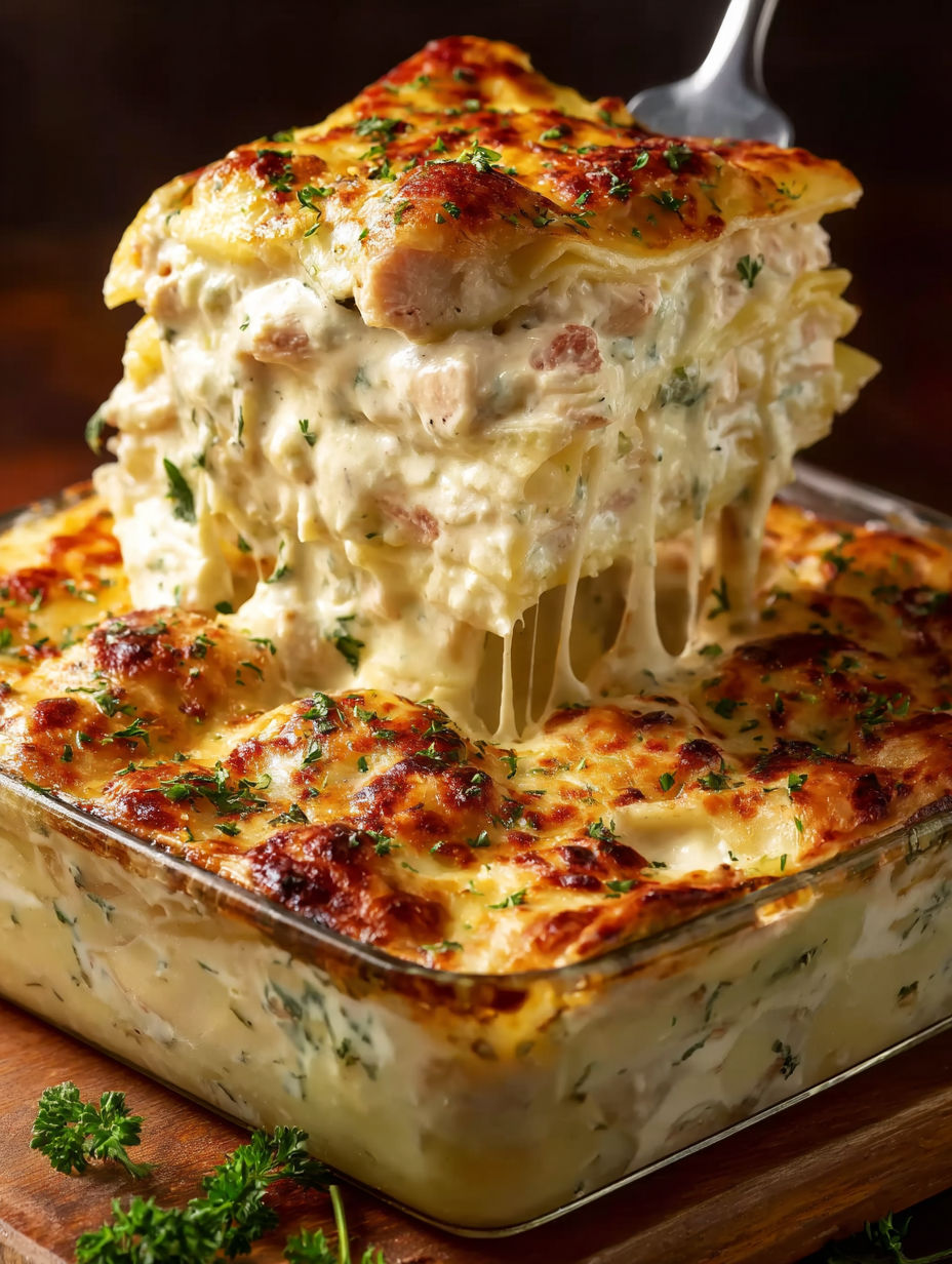 A close up of a casserole dish with cheese and chicken.