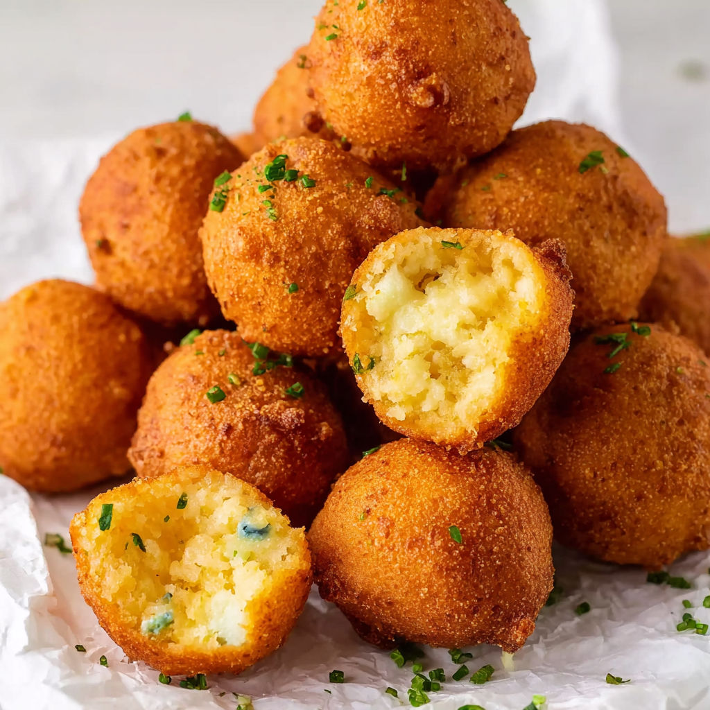 Homemade crispy hush puppies on a table.