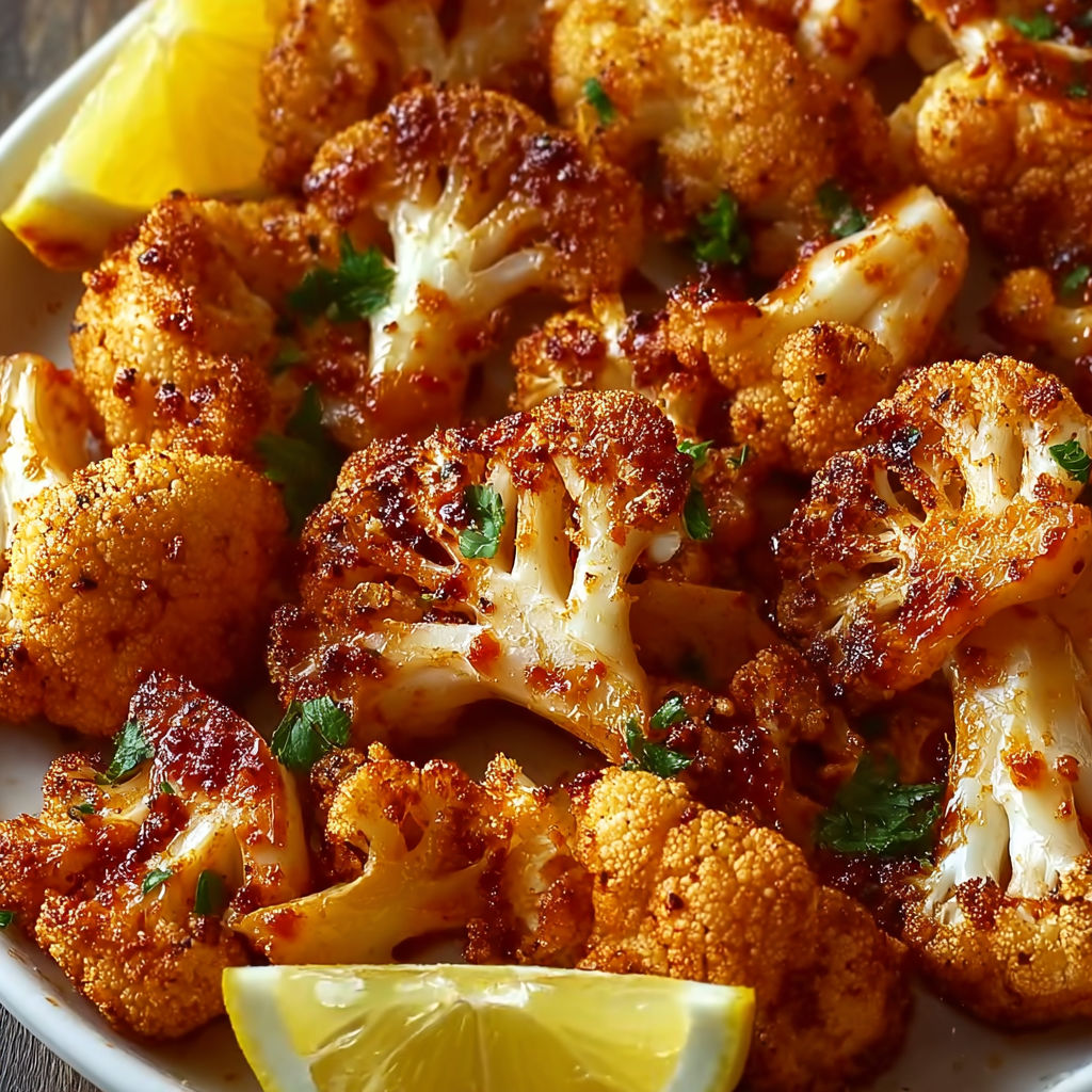 A plate of cauliflower with a lemon wedge on top.