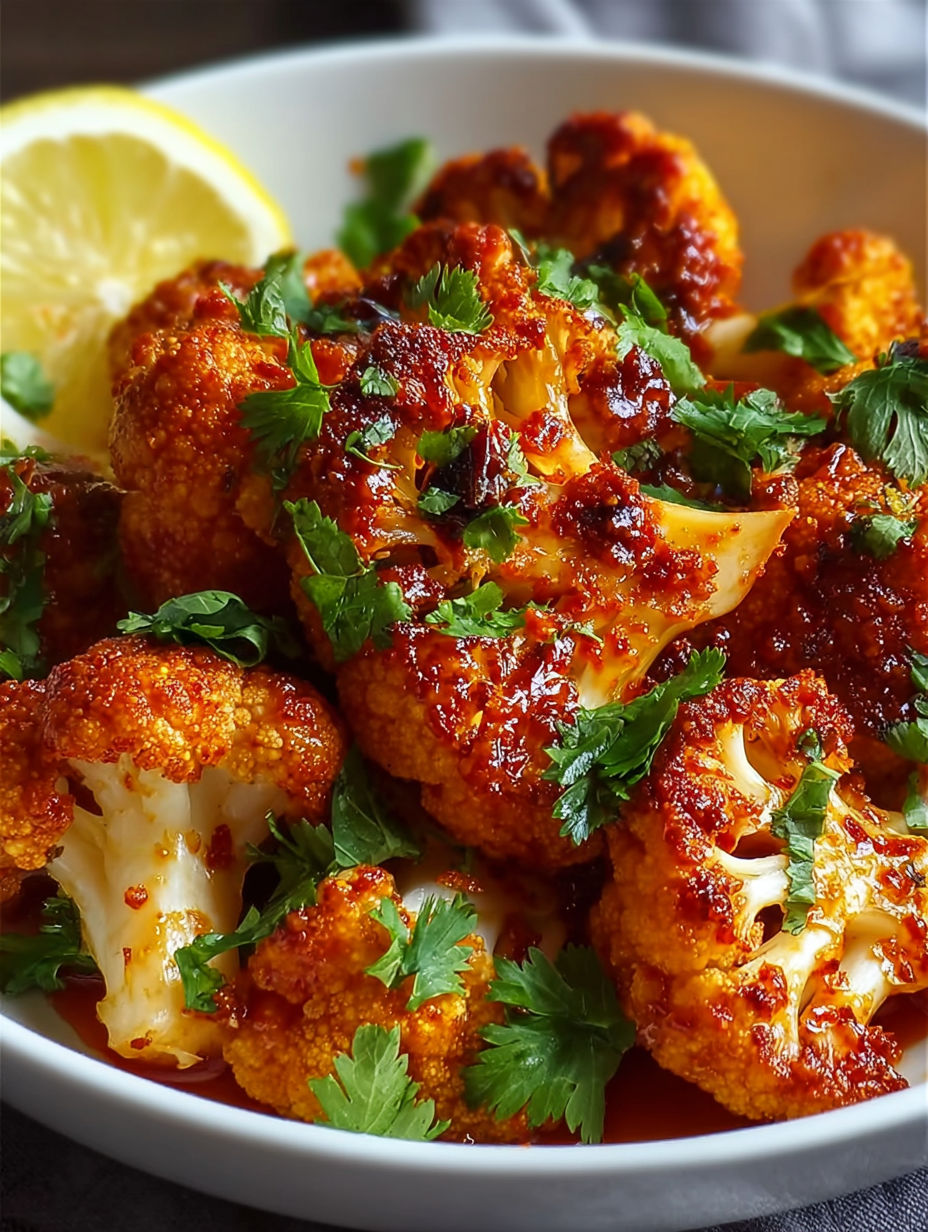 A bowl of cooked cauliflower with lemon wedges on top.