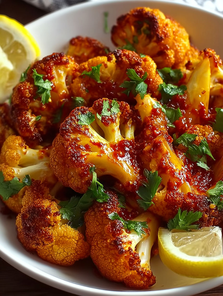 A bowl of cooked cauliflower with lemon wedges.