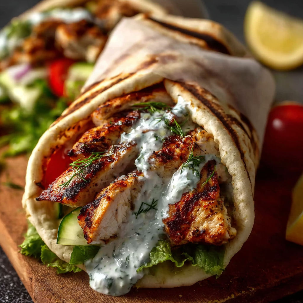 A Greek chicken souvlaki with white sauce and lettuce.
