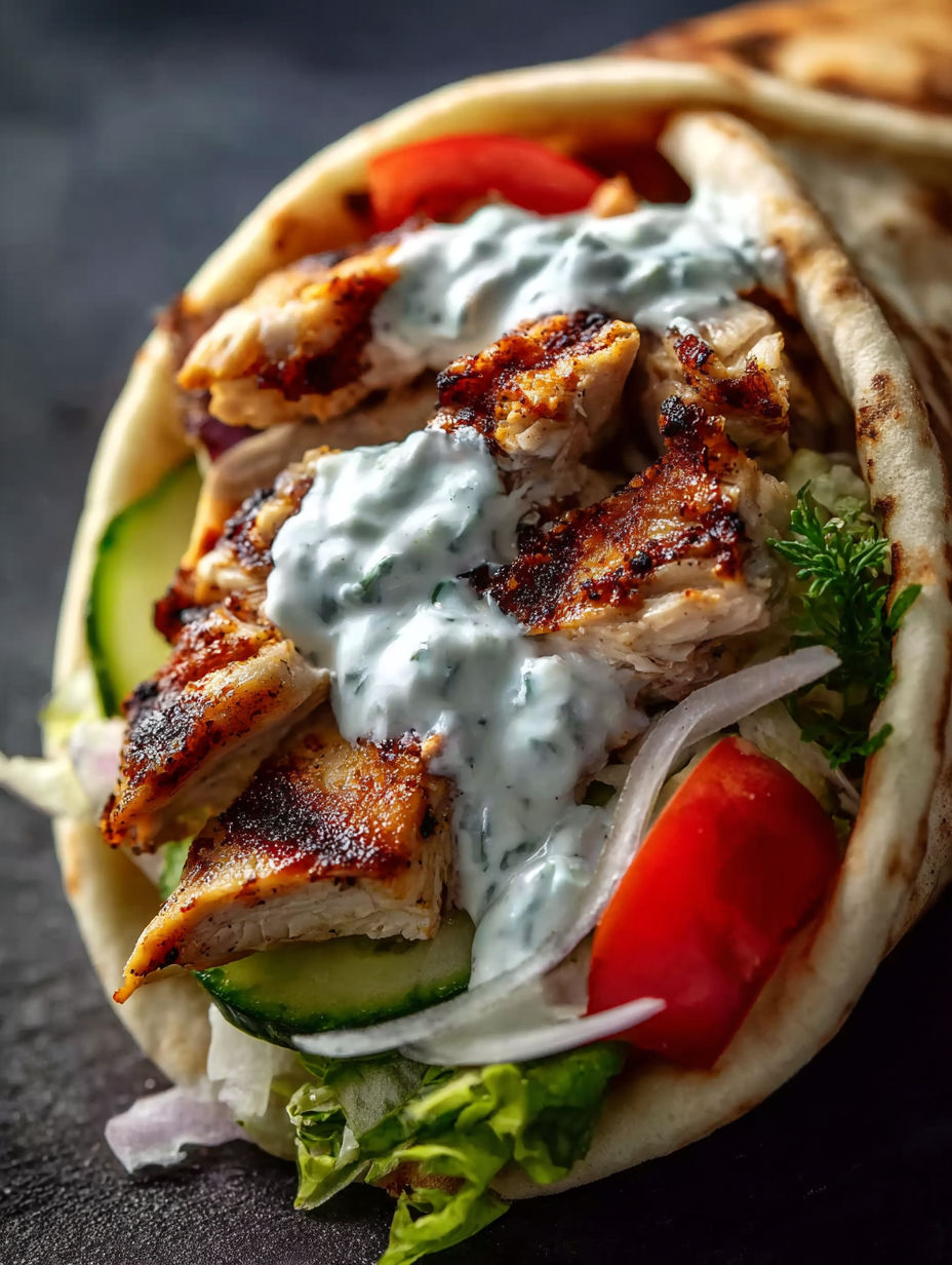 A Greek chicken souvlaki with tomatoes, onions, and cucumbers.