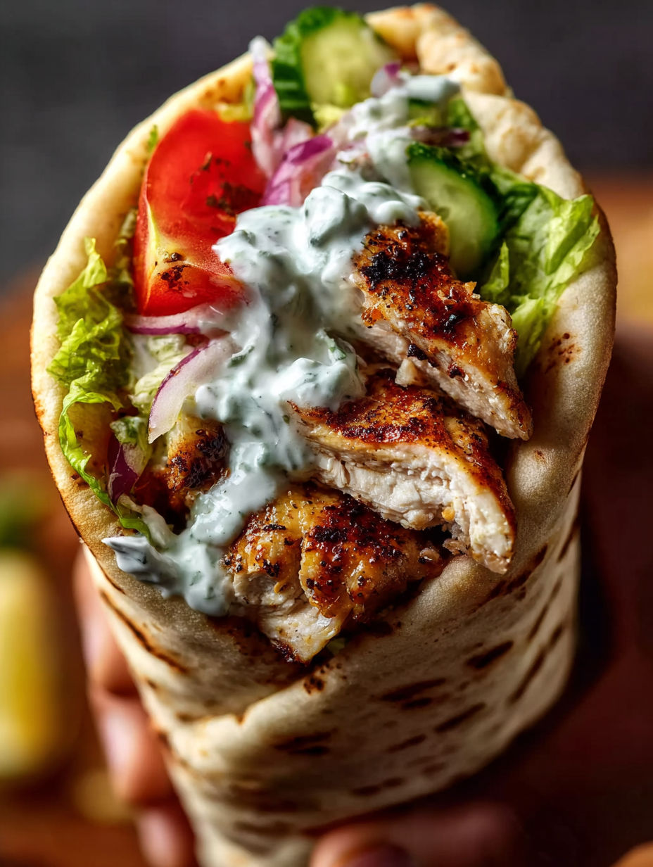 A Greek Chicken Souvlaki is served in a pita bread.