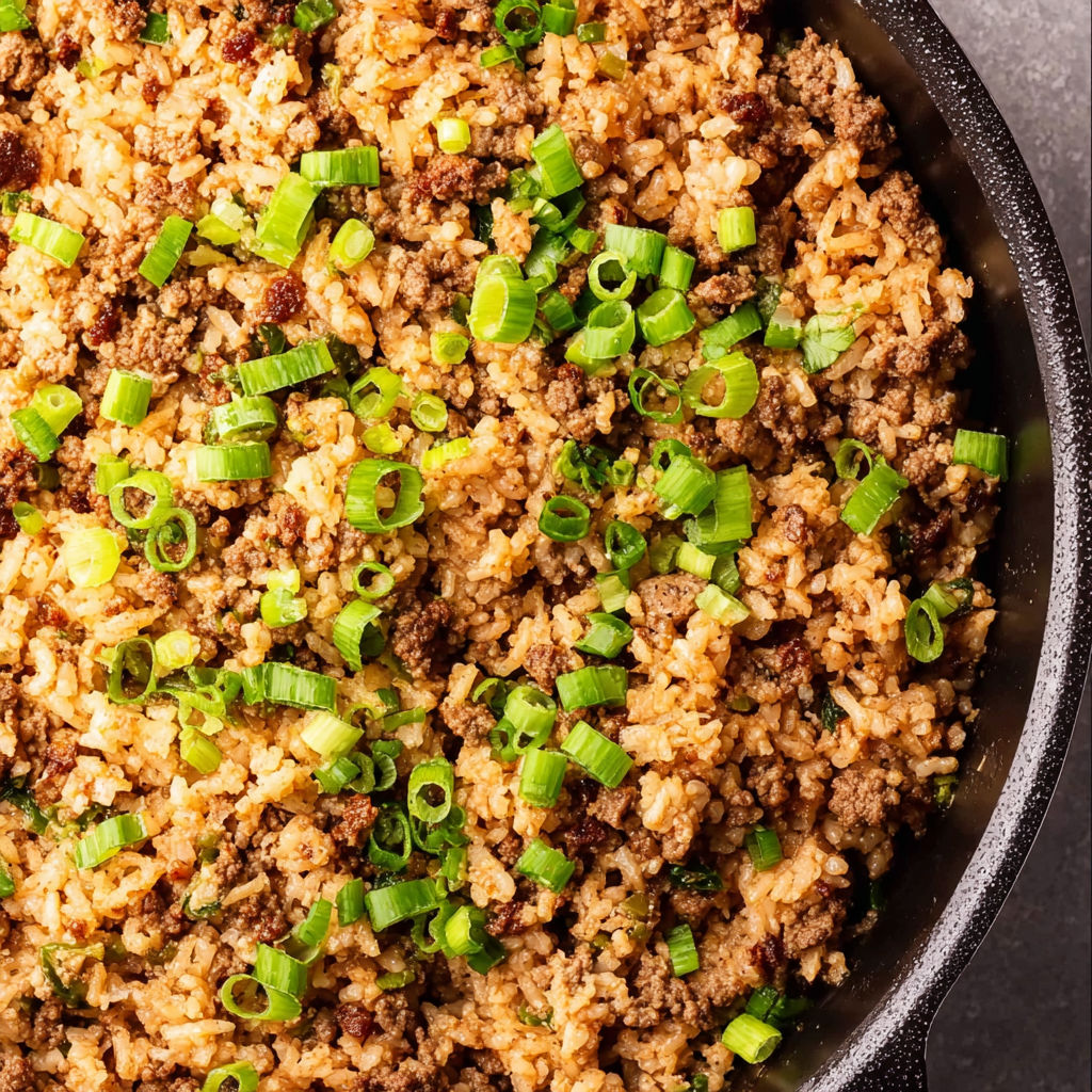 A close up of a dish of old-fashioned dirty rice.
