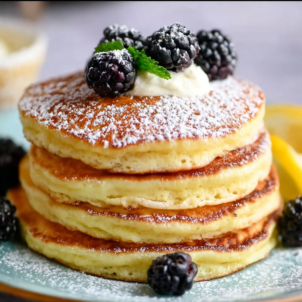 A stack of pancakes with berries on top.